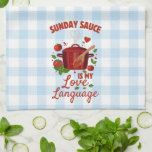 Sunday Sauce Kitchen Towel<br><div class="desc">Bring a little amore into your kitchen with our "Sunday Sauce Is My Love Language" towel - perfect for anyone who knows that a good pot of sauce says I love you better than words ever could. ❤️ Featuring a charming design with a simmering pot, fresh tomatoes, basil, and a...</div>