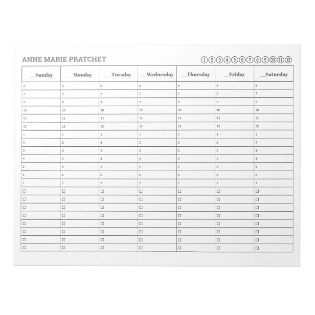 SUNDAY Start Weekly Appointment Schedule Tasks Notepad (Front)