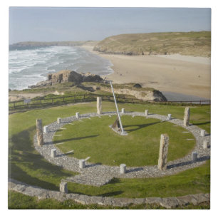 Sundial and Perran Beach, Perranporth, Cornwall, Ceramic Tile