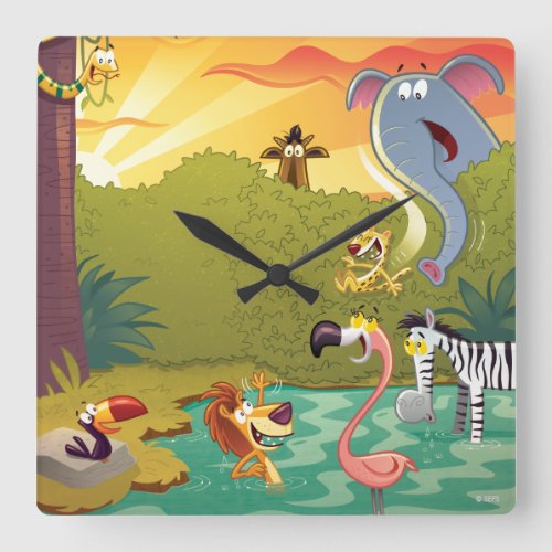 Sundown At The Water Hole Square Wall Clock