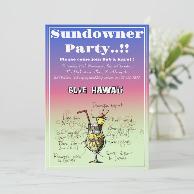 Sundowner Blue Hawaii Cocktail Party Invitation (Standing Front)