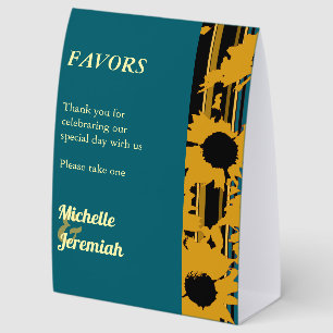 Sunflowеr Teal Blue Gold Modern Wedding Favors Paper Table Tent