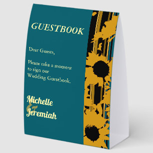 Sunflowеr Teal Blue Gold Modern Wedding Guestbook Paper Table Tent