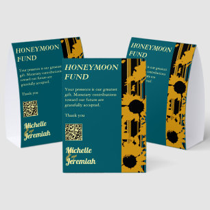 Sunflowеr Teal Blue Gold Wedding Honeymoon Fund Paper Table Tent