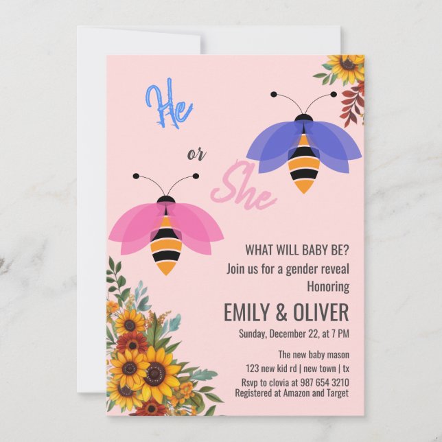 Sunflowe bee bird boy or girl gender reveal party invitation (Front)