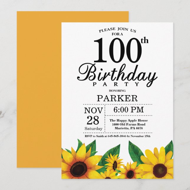 Sunflower 100th Birthday Invitation (Front/Back)