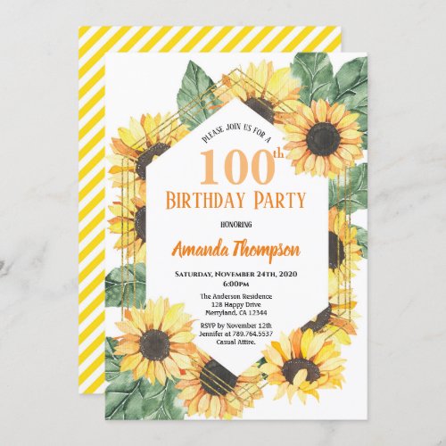 Sunflower 100th Birthday Party Celebration Women Invitation