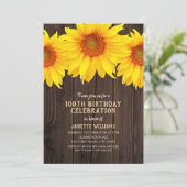 Sunflower 100th Birthday Party Rustic Wood Invitation (Standing Front)