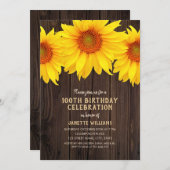 Sunflower 100th Birthday Party Rustic Wood Invitation (Front/Back)