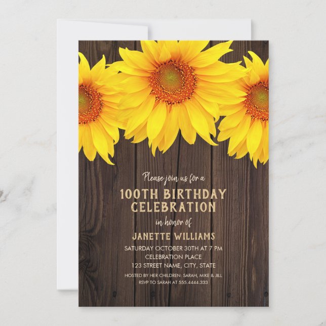 Sunflower 100th Birthday Party Rustic Wood Invitation (Front)