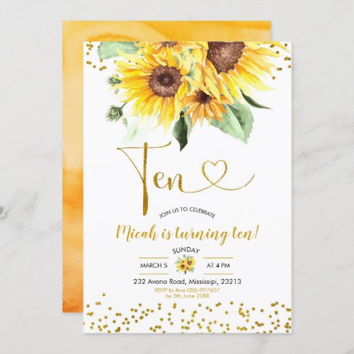 Sunflower 10th Birthday Invitation