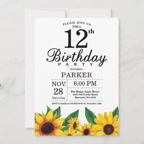 Sunflower 12th Birthday Invitation