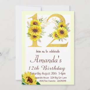 Sunflower 12th Birthday Invitation