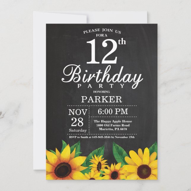 Sunflower 12th Birthday Invitation (Front)