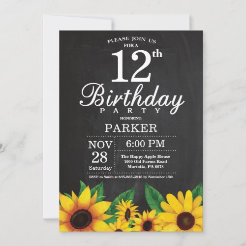 Sunflower 12th Birthday Invitation