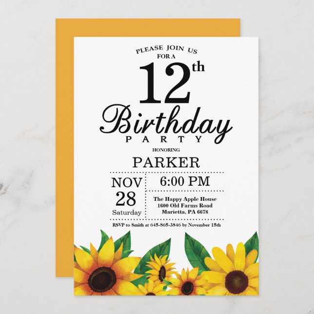 Sunflower 12th Birthday Invitation (Front/Back)