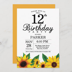 Sunflower 12th Birthday Invitation