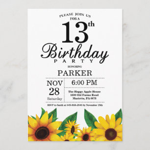 Sunflower 13th Birthday Invitation