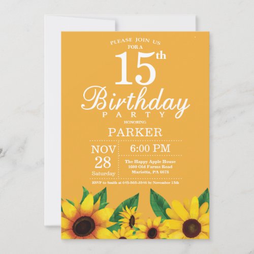 Sunflower 15th Birthday Invitation