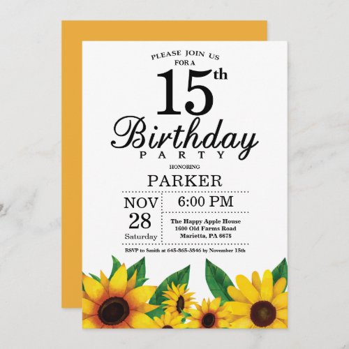 Sunflower 15th Birthday Invitation