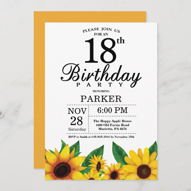 Sunflower 18th Birthday Invitation (Front/Back)