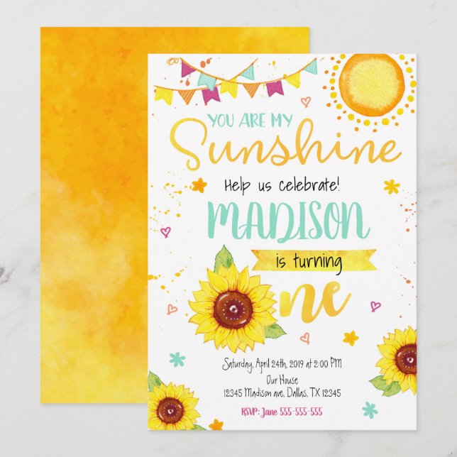 Sunflower 1st Birthday Invitation for a Girl (Front/Back)
