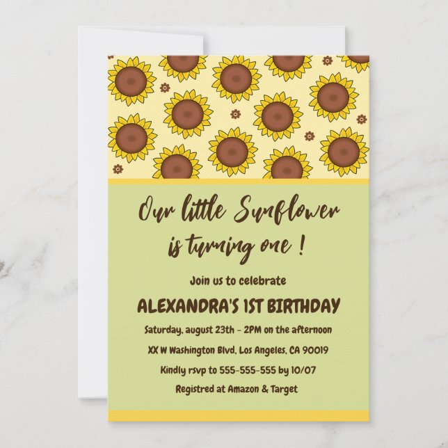 Sunflower 1st birthday invitations turning one (Front)