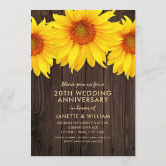 Sunflower 20th Wedding Anniversary Rustic Wood Invitation
