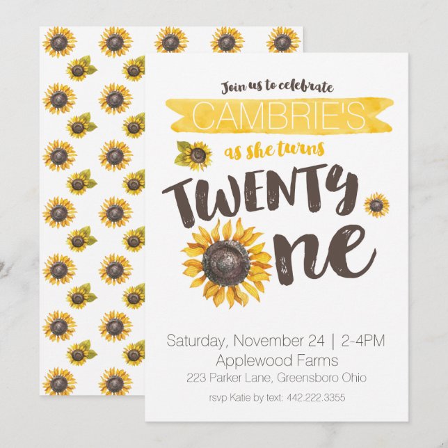 Sunflower 21st Birthday Invitation (Front/Back)