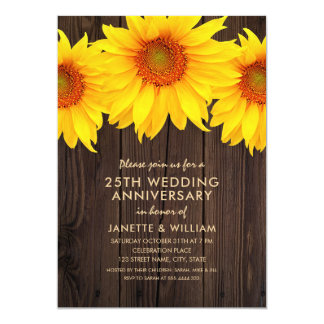 Sunflower 25th Wedding Anniversary Rustic Wood Card