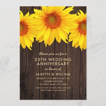 Sunflower 25th Wedding Anniversary Rustic Wood Invitation