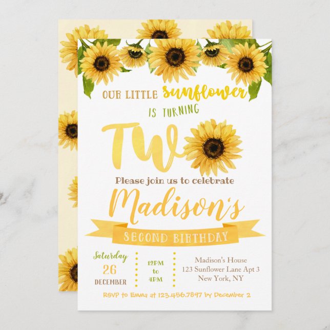 Sunflower 2nd Birthday Party Invitations (Front/Back)
