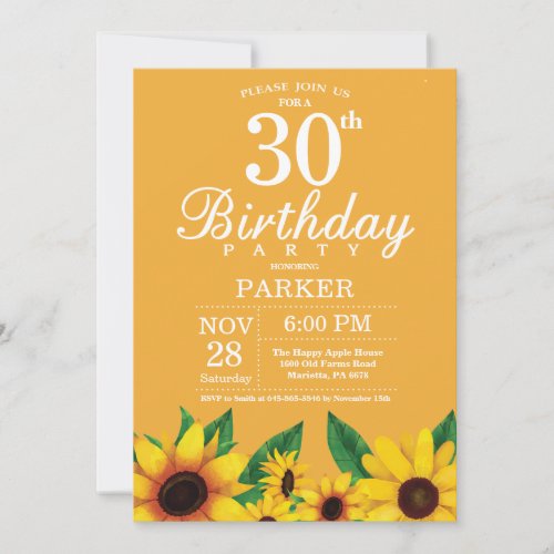 Sunflower 30th Birthday Invitation