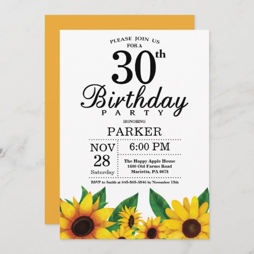 Sunflower 30th Birthday Invitation