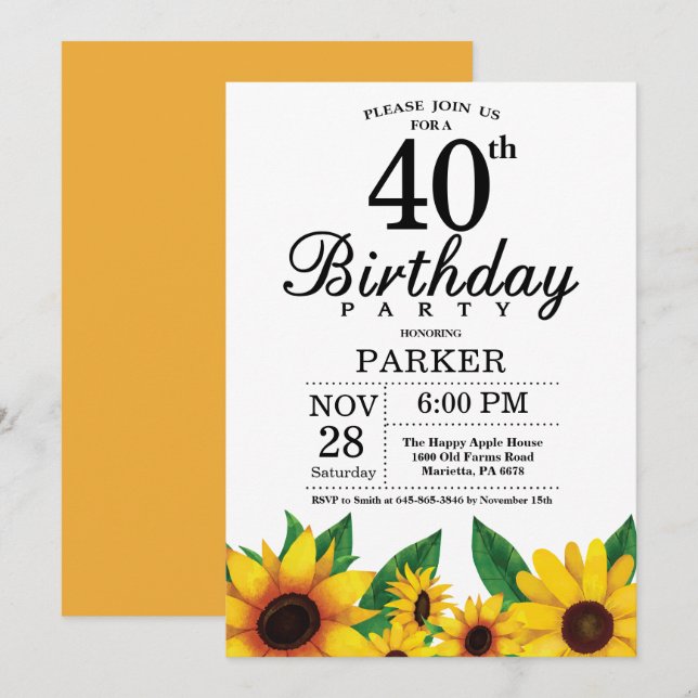 Sunflower 40th Birthday Invitation (Front/Back)
