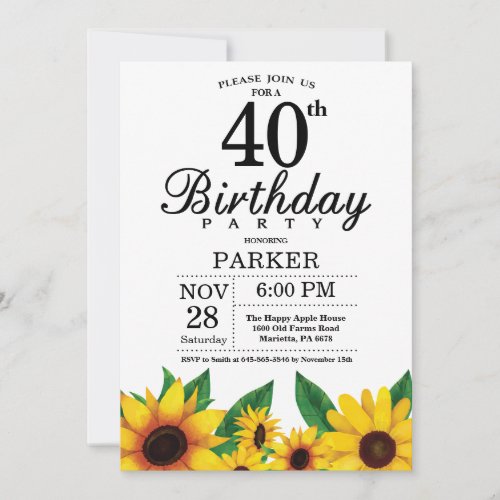 Sunflower 40th Birthday Invitation