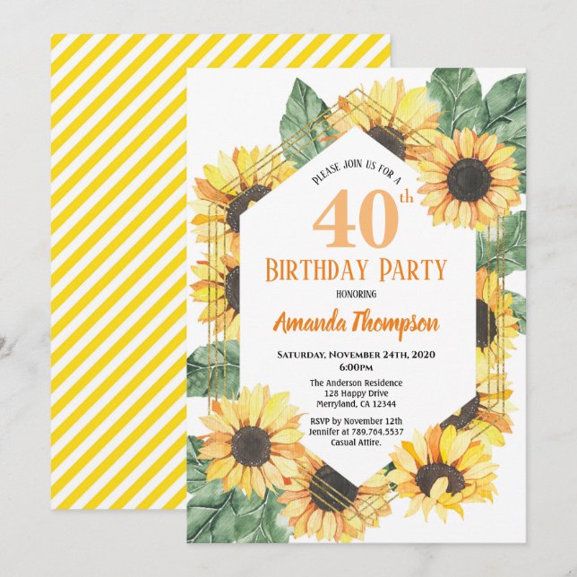 Sunflower 40th Birthday Party Celebration Women Invitation (Front/Back)