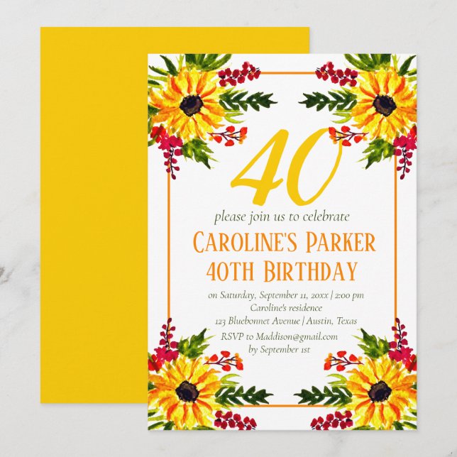Sunflower 40th Birthday Yellow Floral Adult Invitation (Front/Back)