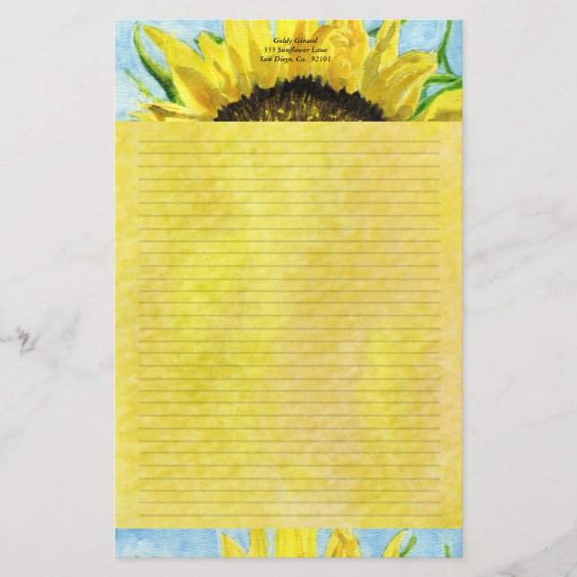 Sunflower 4 Watercolor Personalized Stationary Stationery (Front)