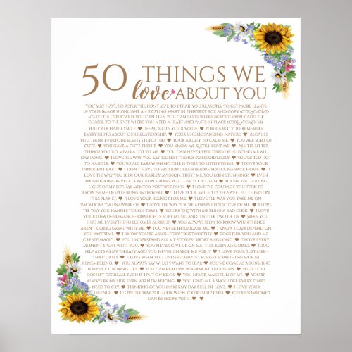 sunflower 50 things we love you 50th mom birthday poster