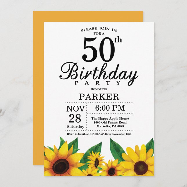 Sunflower 50th Birthday Invitation (Front/Back)