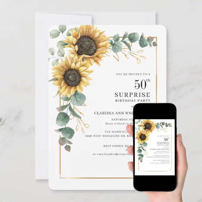 Sunflower 50th Birthday Party Eucalyptus Simple Invitation Zazzle