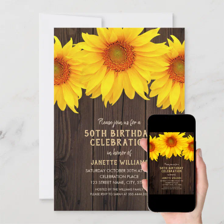 Sunflower 50th Birthday Party Rustic Wood Invitation Zazzle