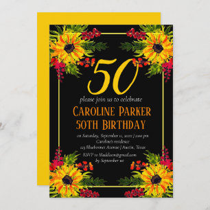 Sunflower 50th Birthday Yellow Floral Adult Invitation