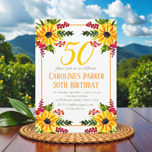 Sunflower 50th Birthday Yellow Floral Adult Invitation