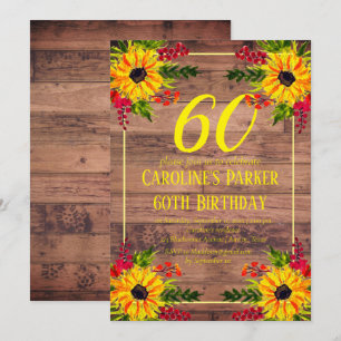 Sunflower 60th Birthday Wood Floral Adult Invitation