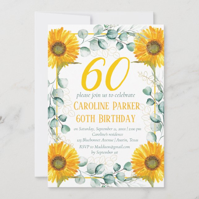 Sunflower 60th Birthday Yellow Floral Eucalyptus Invitation (Front)