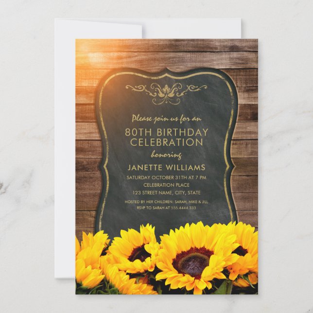 Sunflower 80th Birthday Party Rustic Fall Invitation (Front)
