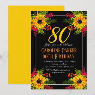 Sunflower 80th Birthday Yellow Floral Adult Invitation