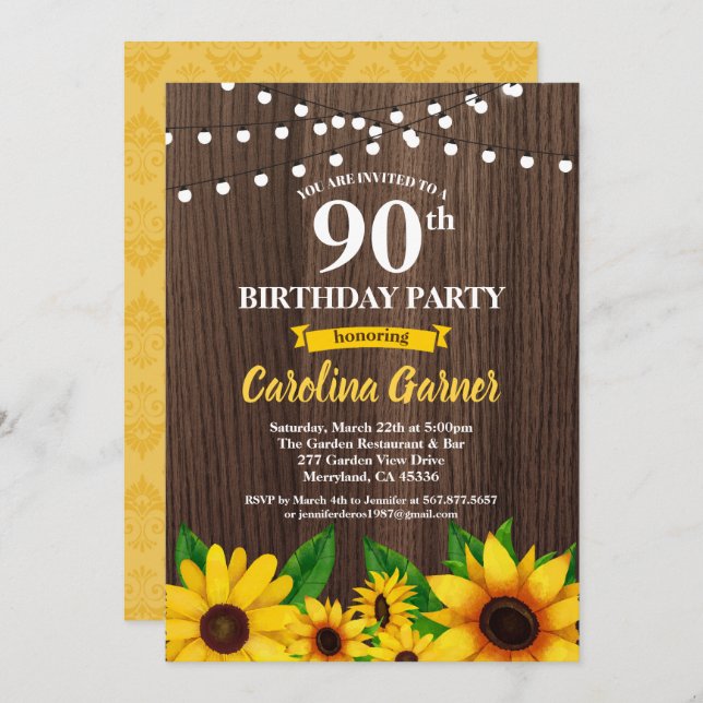 Sunflower 90th birthday invitation . Any age (Front/Back)